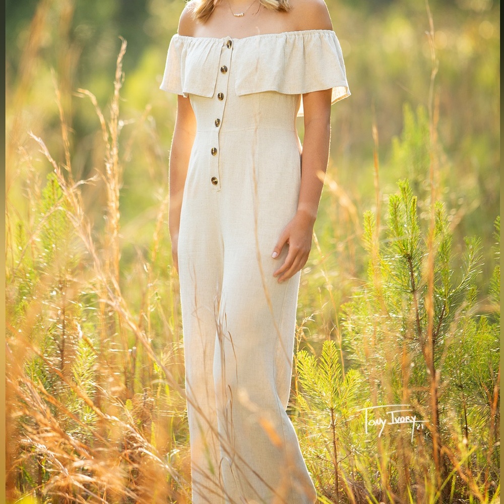 Off-Shoulder Cream Button-Front Maxi Dress